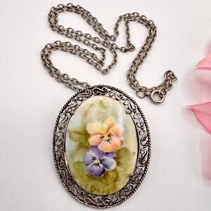 Vintage Hand Painted Pansy Ceramic Pendant Brooch Necklace Cottage Artist Signed